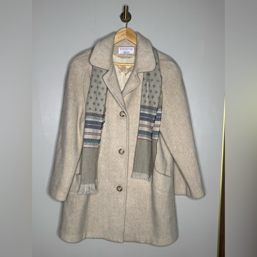 Vintage Herman Kay Winter Time Wool Coat w Attached Scarf Oatmeal Beige Size 10